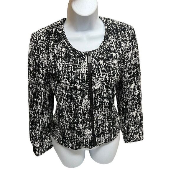 Vince Camuto‎ Women's M Blazer Jacket Black White Zip Abstract Speckled Textured - Picture 2 of 13
